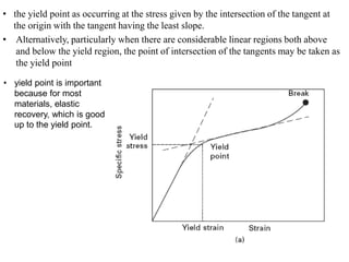 • the yield point as occurring at the stress given by the intersection of the tangent at
the origin with the tangent having the least slope.
• Alternatively, particularly when there are considerable linear regions both above
and below the yield region, the point of intersection of the tangents may be taken as
the yield point
• yield point is important
because for most
materials, elastic
recovery, which is good
up to the yield point.
 