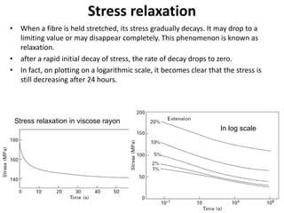 Stress relaxation
• When a fibre is held stretched, its stress gradually decays. It may drop to a
limiting value or may disappear completely. This phenomenon is known as
relaxation.
• after a rapid initial decay of stress, the rate of decay drops to zero.
• In fact, on plotting on a logarithmic scale, it becomes clear that the stress is
still decreasing after 24 hours.
Stress relaxation in viscose rayon
In log scale
 