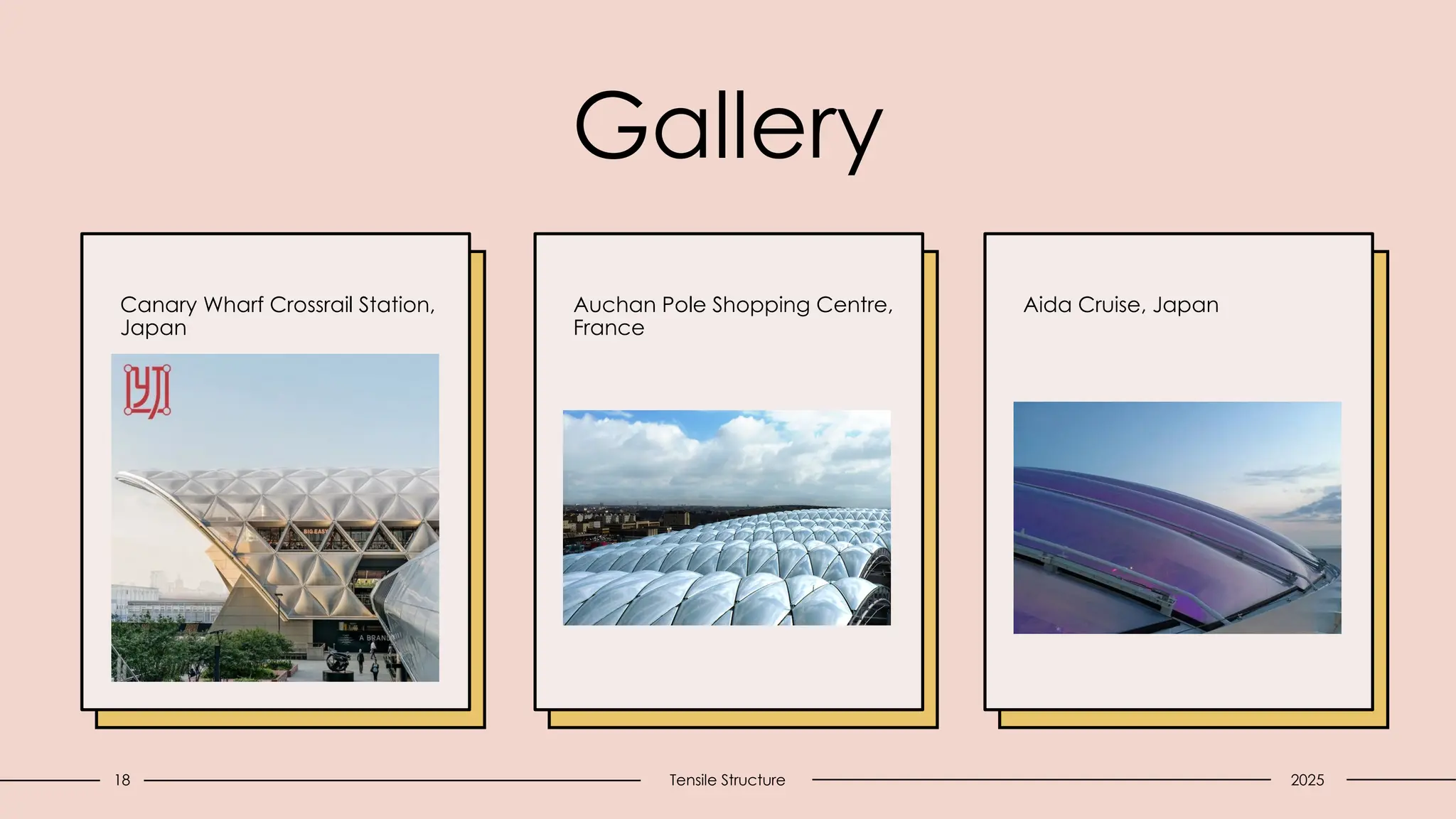 Gallery
Canary Wharf Crossrail Station,
Japan
Auchan Pole Shopping Centre,
France
Aida Cruise, Japan
18 Tensile Structure 2025
 