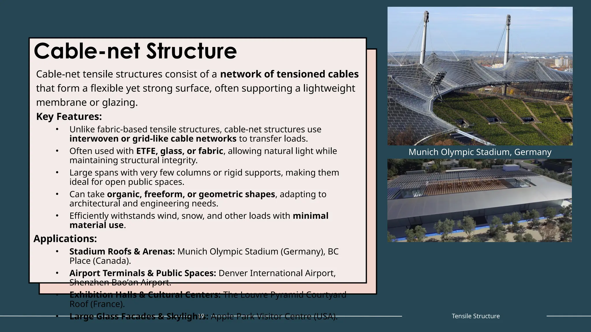 Cable-net Structure
Cable-net tensile structures consist of a network of tensioned cables
that form a flexible yet strong surface, often supporting a lightweight
membrane or glazing.
Key Features:
• Unlike fabric-based tensile structures, cable-net structures use
interwoven or grid-like cable networks to transfer loads.
• Often used with ETFE, glass, or fabric, allowing natural light while
maintaining structural integrity.
• Large spans with very few columns or rigid supports, making them
ideal for open public spaces.
• Can take organic, freeform, or geometric shapes, adapting to
architectural and engineering needs.
• Efficiently withstands wind, snow, and other loads with minimal
material use.
Applications:
• Stadium Roofs & Arenas: Munich Olympic Stadium (Germany), BC
Place (Canada).
• Airport Terminals & Public Spaces: Denver International Airport,
Shenzhen Bao’an Airport.
• Exhibition Halls & Cultural Centers: The Louvre Pyramid Courtyard
Roof (France).
• Large Glass Facades & Skylights: Apple Park Visitor Centre (USA).
19
Munich Olympic Stadium, Germany
Tensile Structure
 