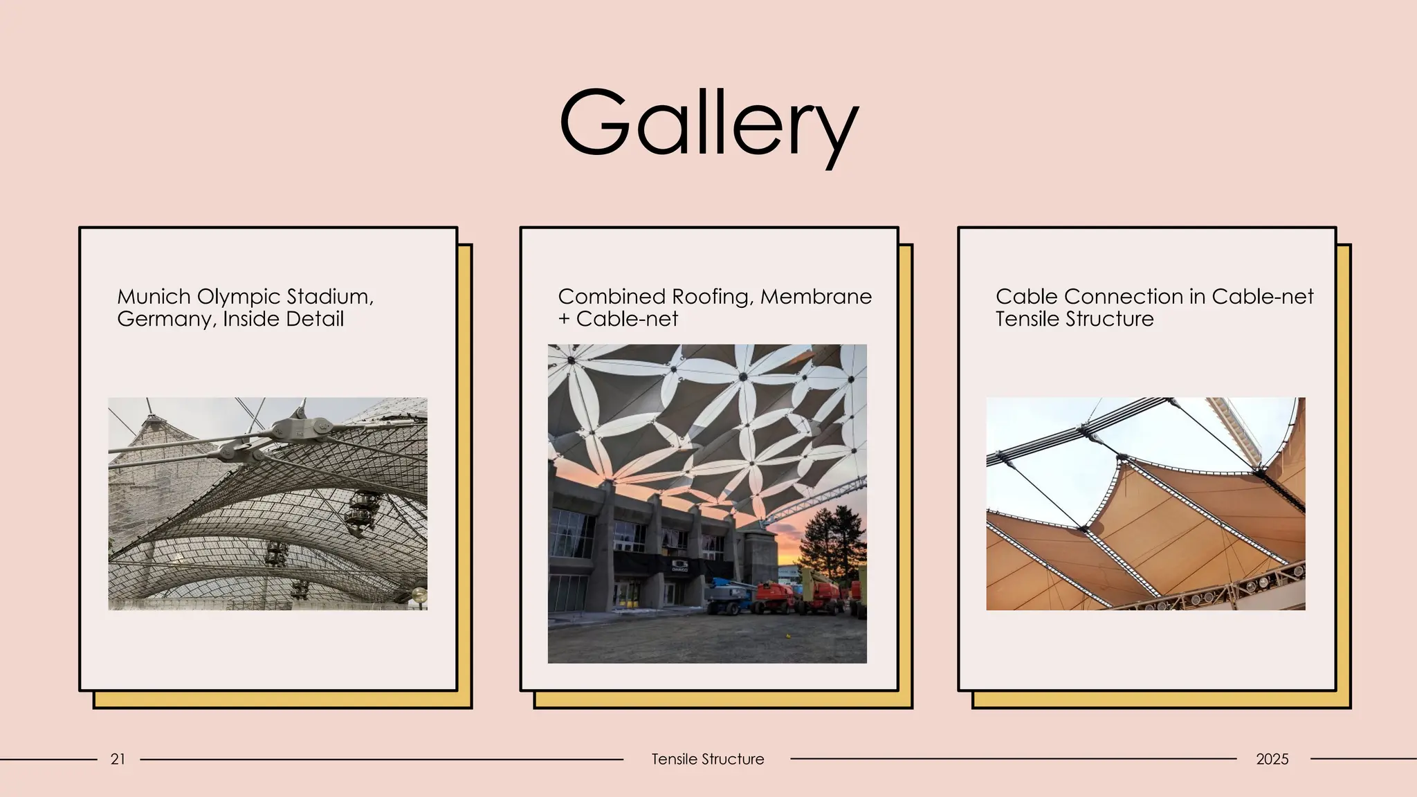 Gallery
Munich Olympic Stadium,
Germany, Inside Detail
Combined Roofing, Membrane
+ Cable-net
Cable Connection in Cable-net
Tensile Structure
21 Tensile Structure 2025
 