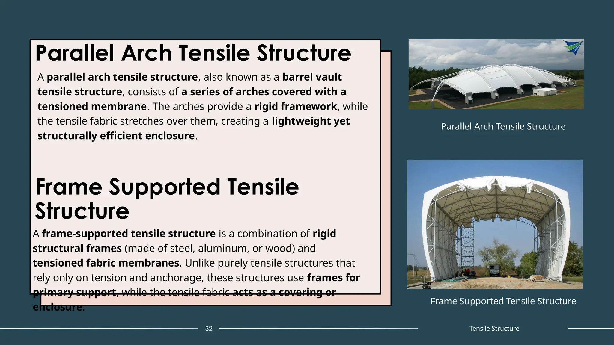 Parallel Arch Tensile Structure
A parallel arch tensile structure, also known as a barrel vault
tensile structure, consists of a series of arches covered with a
tensioned membrane. The arches provide a rigid framework, while
the tensile fabric stretches over them, creating a lightweight yet
structurally efficient enclosure.
32
Parallel Arch Tensile Structure
Tensile Structure
Frame Supported Tensile Structure
Frame Supported Tensile
Structure
A frame-supported tensile structure is a combination of rigid
structural frames (made of steel, aluminum, or wood) and
tensioned fabric membranes. Unlike purely tensile structures that
rely only on tension and anchorage, these structures use frames for
primary support, while the tensile fabric acts as a covering or
enclosure.
 