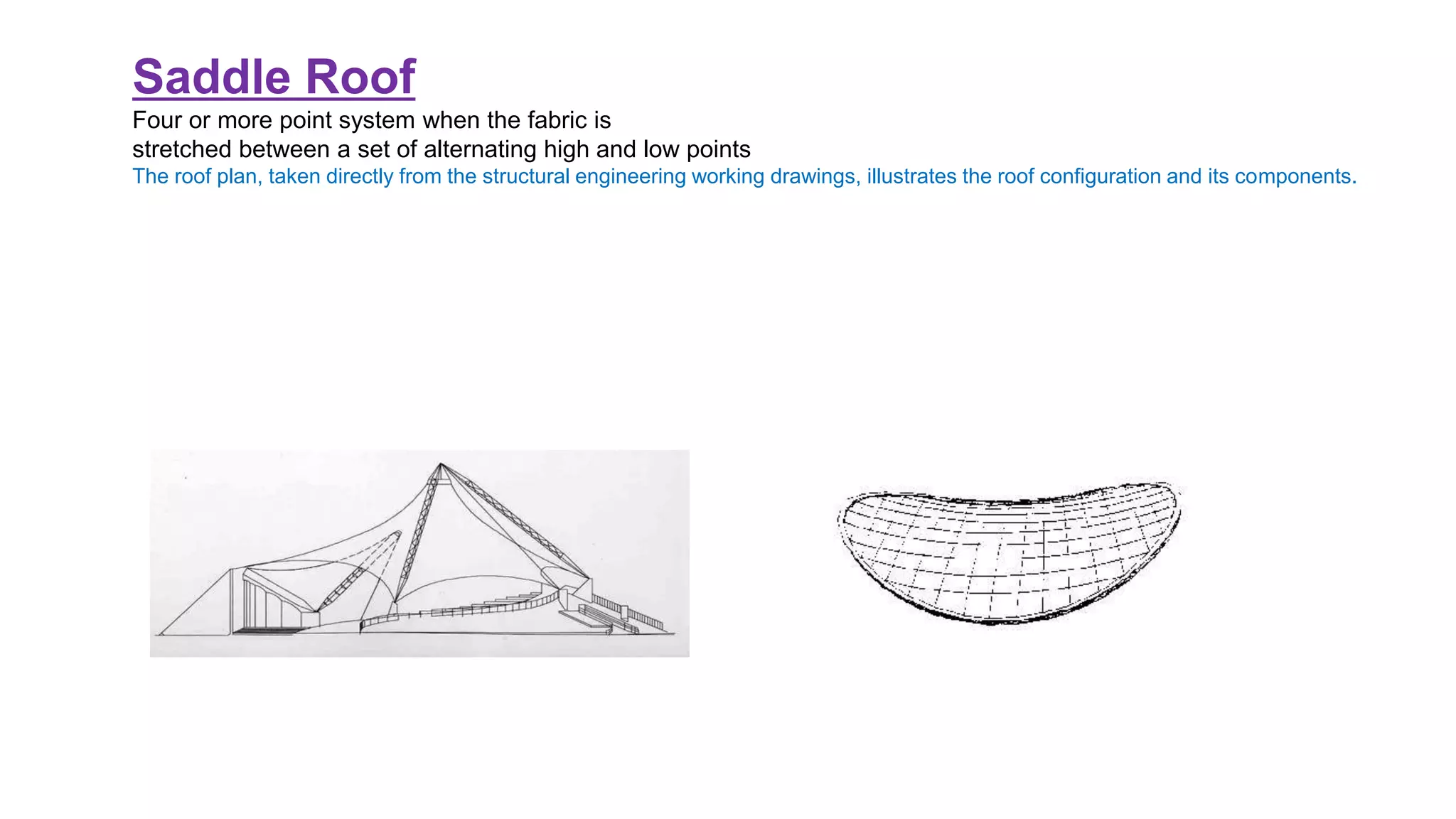 Saddle Roof
Four or more point system when the fabric is
stretched between a set of alternating high and low points
The roof plan, taken directly from the structural engineering working drawings, illustrates the roof configuration and its components.
 