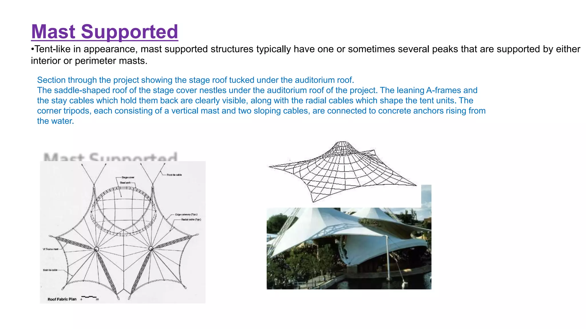 Section through the project showing the stage roof tucked under the auditorium roof.
The saddle-shaped roof of the stage cover nestles under the auditorium roof of the project. The leaning A-frames and
the stay cables which hold them back are clearly visible, along with the radial cables which shape the tent units. The
corner tripods, each consisting of a vertical mast and two sloping cables, are connected to concrete anchors rising from
the water.
Mast Supported
•Tent-like in appearance, mast supported structures typically have one or sometimes several peaks that are supported by either
interior or perimeter masts.
 