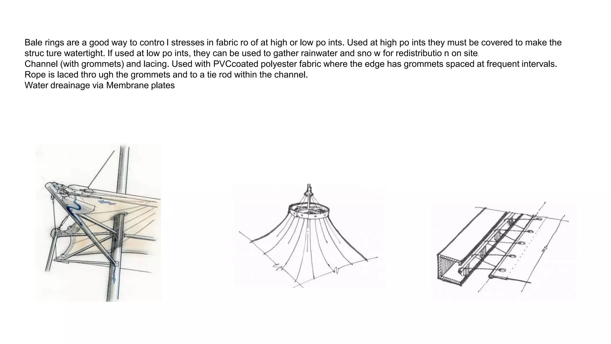 Bale rings are a good way to contro l stresses in fabric ro of at high or low po ints. Used at high po ints they must be covered to make the
struc ture watertight. If used at low po ints, they can be used to gather rainwater and sno w for redistributio n on site.
Channel (with grommets) and lacing. Used with PVCcoated polyester fabric where the edge has grommets spaced at frequent intervals.
Rope is laced thro ugh the grommets and to a tie rod within the channel.
Water dreainage via Membrane plates
 