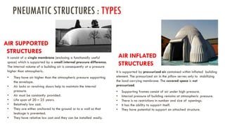PNEUMATIC STRUCTURES : TYPES
AIR INFLATED
STRUCTURES
AIR SUPPORTED
STRUCTURES
It consist of a single membrane (enclosing a functionally useful
space) which is supported by a small internal pressure difference.
The internal volume of a building air is consequently at a pressure
higher than atmospheric.
• They have air higher than the atmospheric pressure supporting
the envelope.
• Air locks or revolving doors help to maintain the internal
pressure.
• Air must be constantly provided.
• Life span of 20 – 25 years.
• Relatively low cost.
• They are either anchored to the ground or to a wall so that
leakage is prevented.
• They have relative low cost and they can be installed easily.
It is supported by pressurized air contained within inflated building
element. The pressurized air in the pillow serves only to stabilizing
the load carrying membrane. The covered space is not
pressurized.
• Supporting frames consist of air under high pressure.
• Internal pressure of building remains at atmospheric pressure.
• There is no restrictions in number and size of openings.
• It has the ability to support itself.
• They have potential to support an attached structure.
 
