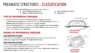 PNEUMATICSTRUCTURES : CLASSIFICATION
• Pneumatic Structures use either positive pressure or negative pressure.
• In Positive Pressure System, the membrane is always curved outwards, whereas in
Negative Pressure Systems the membrane is curved inwards.
• Being curved inwards there is a tendency of water logging & snow accumulation.
• Moreover, negative pressure systems require high supports at the edge or in the
center which makes it more expensive.
Pneumatic Structures can be further subdivided as:-
A. Type of Differential Pressure
B. Degree of Differential Pressure
TYPE OF DIFFERENTIAL PRESSURE
C. Type of Surface Curvature
D. Proportions
DEGREE OF DIFFERENTIAL PRESSURE
LOW PRESSURE SYSTEMS
These systems are provided with low pressure air; hence have to be provided with
continuous supply of air. Example: Air Supported Structures.
HIGH PRESSURE SYSTEMS
Used for easy erection & dismantling; the pressure difference is b/w 2000-7000mm of
water pressure (100 to 1000 times) low pressure systems.
These high pressure air inflated systems are either having a single valve system or a
double valve systems which avoids it’s collapse.
AIR SUPPORTED
STRUCTURES
AIR INFLATED
STRUCTURES
 
