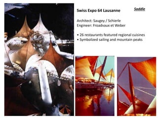 Swiss Expo 64 Lausanne
Architect: Saugey / Schierle
Engineer: Froadvaux et Weber
• 26 restaurants featured regional cuisines
• Symbolized sailing and mountain peaks
Saddle
 