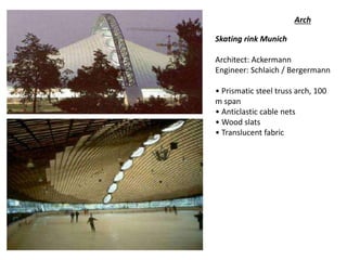 Skating rink Munich
Architect: Ackermann
Engineer: Schlaich / Bergermann
• Prismatic steel truss arch, 100
m span
• Anticlastic cable nets
• Wood slats
• Translucent fabric
Arch
 