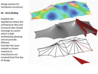 Design process for
membrane structures:
01 . Form finding
Establish the
equilibrium where the
architectural idea and
structural idea should
converge to a point
which is both
aesthetically pleasing
and structurally
efficient.
Consider the issue
related to chosen
material so
manufacture are
involved from first day
of design.
 