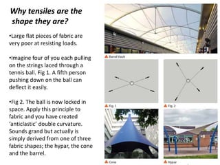 •Large flat pieces of fabric are
very poor at resisting loads.
•Imagine four of you each pulling
on the strings laced through a
tennis ball. Fig 1. A fifth person
pushing down on the ball can
deflect it easily.
•Fig 2. The ball is now locked in
space. Apply this principle to
fabric and you have created
‘anticlastic’ double curvature.
Sounds grand but actually is
simply derived from one of three
fabric shapes; the hypar, the cone
and the barrel.
Why tensiles are the
shape they are?
 