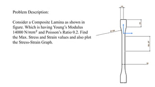Problem Description:
Consider a Composite Lamina as shown in
figure. Which is having Young’s Modulus
14000 N/𝑚𝑚2
and Poisson’s Ratio 0.2. Find
the Max. Stress and Strain values and also plot
the Stress-Strain Graph.
 