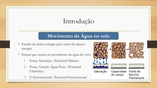 Introdução
• Estado de maior energia para outro de menor
energia.
• Forças que atuam no movimento da água do solo:
1. Força Adsorção : Potencial Mátrico
2. Força Atração Água/Íons : Potencial
Osmótico
3. F. Gravitacional : Potencial Gravitacional
Movimento da Água no solo
 