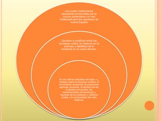Las cuatro instituciones
educativas promovidas por la
corona presentaron un reto
intelectual para los estudioso de
nueva España
Llevaron a modificar entre los
europeos cultos, la creencia en la
pobreza y debilidad de lo
existente en el nuevo Mundo,
En las ultimas décadas del siglo XVIII,
noticias sobre la bonanza minera, el
movimiento comercial, la producción
agrícola creciente, el tamaño de las
ciudades principales, las
impresionantes dimensiones y
riquezas de los palacios y edificios
civiles y la suntuosidad del culto
religioso.
 