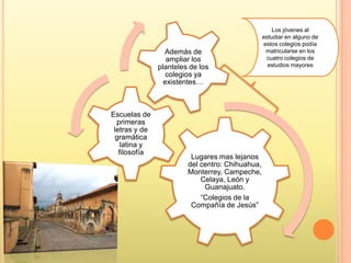 Lugares mas lejanos
del centro: Chihuahua,
Monterrey, Campeche,
Celaya, León y
Guanajuato.
“Colegios de la
Compañía de Jesús”
Escuelas de
primeras
letras y de
gramática
latina y
filosofía
Además de
ampliar los
planteles de los
colegios ya
existentes…
Los jóvenes al
estudiar en alguno de
estos colegios podía
matricularse en los
cuatro colegios de
estudios mayores
 