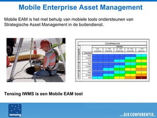 Mobile Enterprise Asset Management
Mobile EAM is het met behulp van mobiele tools ondersteunen van
Strategische Asset Management in de buitendienst.




Tensing IWMS is een Mobile EAM tool
 
