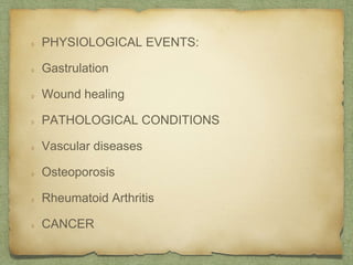 PHYSIOLOGICAL EVENTS:
Gastrulation
Wound healing
PATHOLOGICAL CONDITIONS
Vascular diseases
Osteoporosis
Rheumatoid Arthritis
CANCER
 