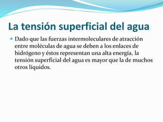 La tensión superficial del agua
 Dado que las fuerzas intermoleculares de atracción
entre moléculas de agua se deben a los enlaces de
hidrógeno y éstos representan una alta energía, la
tensión superficial del agua es mayor que la de muchos
otros líquidos.
 