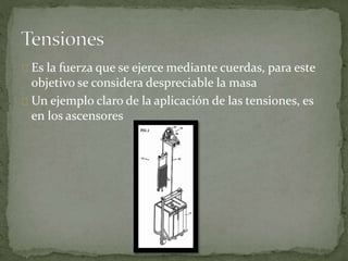 Es la fuerza que se ejerce mediante cuerdas, para este
objetivo se considera despreciable la masa
Un ejemplo claro de la a...
