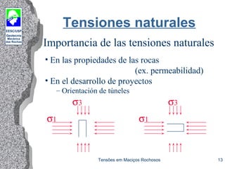 EESC/USP
Geotecnia
Mecânica
das Rochas
Tensões em Maciços Rochosos 13
Tensiones naturales
Importancia de las tensiones naturales
• En las propiedades de las rocas
(ex. permeabilidad)
• En el desarrollo de proyectos
– Orientación de túneles
σ1
σ3
σ1
σ3
 