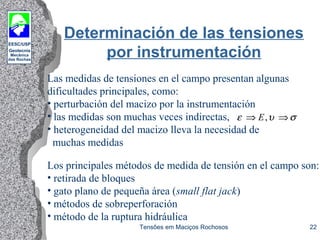 EESC/USP
Geotecnia
Mecânica
das Rochas
Tensões em Maciços Rochosos 22
Determinación de las tensiones
por instrumentación
Las medidas de tensiones en el campo presentan algunas
dificultades principales, como:
• perturbación del macizo por la instrumentación
• las medidas son muchas veces indirectas,
• heterogeneidad del macizo lleva la necesidad de
muchas medidas
Los principales métodos de medida de tensión en el campo son:
• retirada de bloques
• gato plano de pequeña área (small flat jack)
• métodos de sobreperforación
• método de la ruptura hidráulica
ε υ σ⇒ ⇒E,
 