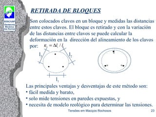 EESC/USP
Geotecnia
Mecânica
das Rochas
Tensões em Maciços Rochosos 23
RETIRADA DE BLOQUES
Son colocados clavos en un bloque y medidas las distancias
entre estos clavos. El bloque es retirado y con la variación
de las distancias entre clavos se puede calcular la
deformación en la dirección del alineamiento de los clavos
por: εi i il l= ∆ /
l1
l3 l2
Las principales ventajas y desventajas de este método son:
• fácil medida y barato,
• solo mide tensiones en paredes expuestas, y
• necesita de modelo reológico para determinar las tensiones.
 