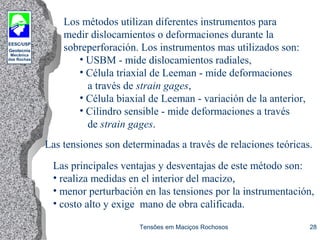 EESC/USP
Geotecnia
Mecânica
das Rochas
Tensões em Maciços Rochosos 28
Los métodos utilizan diferentes instrumentos para
medir dislocamientos o deformaciones durante la
sobreperforación. Los instrumentos mas utilizados son:
• USBM - mide dislocamientos radiales,
• Célula triaxial de Leeman - mide deformaciones
a través de strain gages,
• Célula biaxial de Leeman - variación de la anterior,
• Cilindro sensible - mide deformaciones a través
de strain gages.
Las tensiones son determinadas a través de relaciones teóricas.
Las principales ventajas y desventajas de este método son:
• realiza medidas en el interior del macizo,
• menor perturbación en las tensiones por la instrumentación,
• costo alto y exige mano de obra calificada.
 