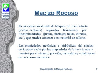 EESC/USP
Geotecnia
Mecânica
das Rochas
Caracterização de Maciços Rochosos 3
Macizo Rocoso
Es un medio constituido de bloques de roca intacta
(medio continuo) separadas físicamente por
discontinuidades (juntas, diaclasas, fallas, estratos,
etc.), que pueden contener o no material de relleno.
Las propiedades mecánicas e hidráulicas del macizo
serán gobernadas por las propiedades de la roca intacta y
también por el número, posición, naturaleza y condiciones
de las discontinuidades.
 