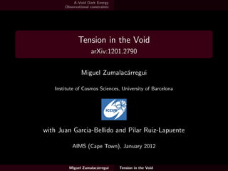 A-Void Dark Energy
Observational constraints
Tension in the Void
arXiv:1201.2790
Miguel Zumalac´arregui
Institute of Cosmos Sciences, University of Barcelona
with Juan Garcia-Bellido and Pilar Ruiz-Lapuente
AIMS (Cape Town), January 2012
Miguel Zumalac´arregui Tension in the Void
 