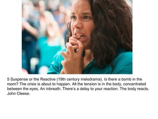5 Suspense or the Reactive (19th century melodrama). Is there a bomb in the 
room? The crisis is about to happen. All the tension is in the body, concentrated 
between the eyes. An inbreath. There’s a delay to your reaction. The body reacts. 
John Cleese. 
 