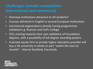 Challenges: Greater competition - International and commercial 
•Overseas Institutions attractive to UK students? 
•Courses delivered in English in several European Institutions 
•Commercial organisations already having programmes validated e.g. Pearson and UoFLCollege 
•FECs moving towards their own validation of Foundation degrees, with a possibility of full degree awarding powers 
•A private equity firm or private higher education provider will buy a UK university in whole or part "within the next six months” -Glynne Stanfield, Eversheds  