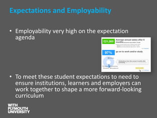 Expectations and Employability 
•Employability very high on the expectation agenda 
•To meet these student expectations to need to ensure institutions, learners and employers can work together to shape a more forward-looking curriculum  