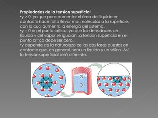 Propiedades de la tension superficial  γ > 0, ya que para aumentar el área del líquido en contacto hace falta llevar más moléculas a la superficie, con lo cual aumenta la energía del sistema. γ = 0 en el punto crítico, ya que las densidades del líquido y del vapor se igualan ,la tensión superficial en el punto crítico debe ser cero. γ depende de la naturaleza de las dos fases puestas en contacto que, en general, será un líquido y un sólido. Así, la tensión superficial será diferente. 