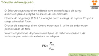 Tensão admissível
O fator de segurança é um método para especificação da carga
admissível para o projeto ou análise de um elemento.
O fator de segurança (F.S.) é a relação entre a carga de ruptura Frup e a
carga admissível Fadm.
O fator de segurança é um número maior que 1, a fim de evitar maior
possibilidade de falha.
Valores específicos dependem dos tipos de materiais usados e da
finalidade pretendida da estrutura ou máquina.
adm
rup
FS
F
F

 
