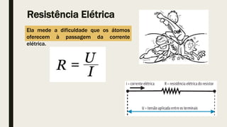 Resistência Elétrica
Ela mede a dificuldade que os átomos
oferecem à passagem da corrente
elétrica.
 