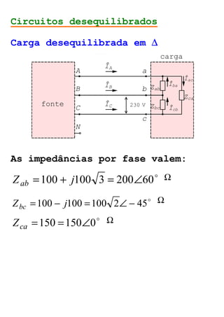 Circuitos desequilibrados 
Carga desequilibrada em D 
B 
b 
ÎA 
C c 
N 
carga 
A a 
ÎB 
ÎC 
ÎA 
Zca 
Zab 
Zbc 
Îab 
Îca 
Îbc 
fonte 
+ 
230V 
- 
B 
C 
b 
c 
N 
carga 
A a 
ÎB 
ÎC 
Zca 
Zab 
Zbc 
Îba 
Îcb 
Îac 
fonte 230 V 
As impedâncias por fase valem: 
Z ab 
=100 + j100 3 = 200Ð60o W 
o Zbc =100 - j100 =100 2Ð - 45 
W 
o Zca =150 =150Ð0 
W 
 