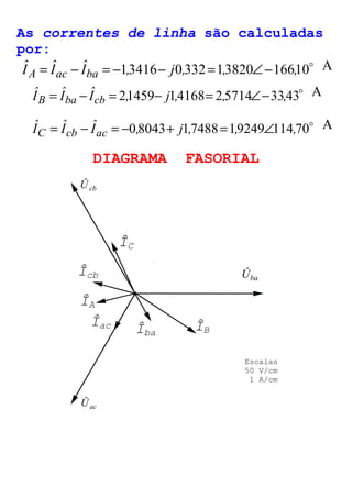 As correntes de linha são calculadas 
por: 
Iˆ Iˆ Iˆ 1,3416 j0,332 1,3820 166,10o 
A = ac - ba = - - = Ð- 
A 
o Iˆ Iˆ Iˆ 2,1459 j1,4168 2,5714 33,43 
B = ba - cb = - = Ð- 
A 
o Iˆ Iˆ Iˆ 0,8043 j1,7488 1,9249 114,70 
C = cb - ac = - + = Ð 
A 
DIAGRAMA FASORIAL 
Escalas 
50 V/cm 
1 A/cm 
Ûcb 
ÎA 
ÎB 
ÎC 
Îba 
Îcb 
Îac 
Ûba 
Ûac 
 