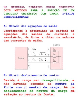 NO MATERIAL DIDÁTICO ESTÃO DESCRITOS 
DOIS MÉTODOS PARA A SOLUÇÃO DE UM 
CIRCUITO TRIFÁSICO COM CARGA Y-3FIOS 
DESEQUILIBRADA: 
A) Método das equações de malha 
Corresponde a determinar um sistema de 
equações das malhas do circuito e 
resolvê-lo, de forma a obter os valores 
das correntes de malha. 
B b 
Zb 
C c Zc 
N n 
carga 
A a Za 
fonte 
ÎA 
ÎB 
ÎC 
Î1 
Î2 
B) Método deslocamento de neutro 
Devido à carga ser desequilibrada, e 
não havendo conexão do neutro da 
fonte com o neutro da carga, há um 
deslocamento do neutro da carga em 
relação ao neutro da fonte. 
 