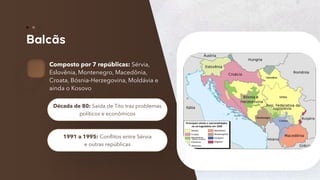 15
Composto por 7 repúblicas: Sérvia,
Eslovênia, Montenegro, Macedônia,
Croata, Bósnia-Herzegovina, Moldávia e
ainda o Kosovo
Década de 80: Saída de Tito traz problemas
políticos e econômicos
1991 a 1995: Conflitos entre Sérvia
e outras repúblicas
 