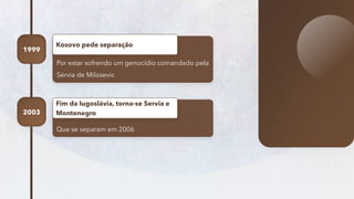 19
Por estar sofrendo um genocídio comandado pela
Sérvia de Milosevic
Kosovo pede separação
1999
Que se separam em 2006
Fim da Iugoslávia, torna-se Servia e
Montenegro
2003
 