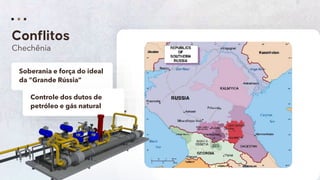 25
Chechênia
Soberania e força do ideal
da “Grande Rússia”
Controle dos dutos de
petróleo e gás natural
 
