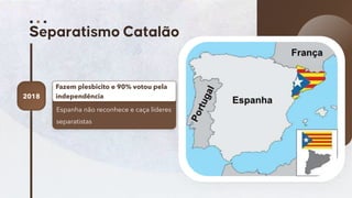 31
Espanha não reconhece e caça líderes
separatistas
Fazem plesbicito e 90% votou pela
independência
2018
 