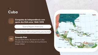 32
Conquista da independência com
apoio dos EUA entre 1868-1898
Guerra Hispano Americana
Troca da dependência Espanhola pela dos EUA
Emenda Platt
Dá aos EUA direito de intervir em Cuba
Doação das terras na Baia de Guantánamo
(base militar)
1903
 