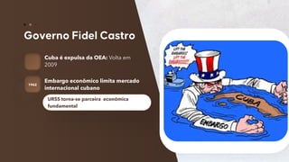 39
Cuba é expulsa da OEA: Volta em
2009
Embargo econômico limita mercado
internacional cubano
1962
URSS torna-se parceira econômica
fundamental
 