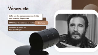 45
1998: Hugo Chavez chega ao poder
Já foi um dos países mais ricos devido
suas reservas de petróleo
Socialismo do século XXI
Nova Constituição
Chavismo
 