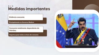 49
Principalmente no Governo Maduro
Violência crescente
Importa quase todos os bens de consumo
Economia totalmente dependente do
Petróleo
 
