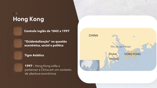 60
Controle inglês de 1842 a 1997
“Ocidentalização” na questão
econômica, social e política
Tigre Asiático
1997 – Hong Kong volta a
pertencer a China em um contexto
de abertura econômica
 