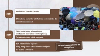 63
2014
China tenta aumentar a influência com medidas de
controle educacional
Revolta dos Guardas Chuvas
2019
Fortes protestos e não é aprovada
China tenta impor lei para julgar
em Pequim atos feitos em Hong Kong
EUA põe lenha na fogueira
Hong Kong sendo China sofreria taxações
e a Guerra Comercial
 