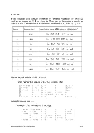 XXVI Seminário Nacional de Grandes Barragens 023
Exemplos.
Serão utilizados para cálculos numéricos os tensores registrados no artigo [3]
relativos ao maciço da UHE de Serra da Mesa, que se transcreve a seguir, as
componentes do tensor estando apresentadas na seqüência r,, , , , r e r:
Geratriz Inclinação  (em ) Tensor referido ao sistema }ˆˆˆ{ kr  . Valores em 10 MPa (ou kgf/cm2
).
1 2230'  1r1r1r 47,2542,2634,38  
2 11230'  2r2r2r 27,2895,6011,334  
3 135  3r3r3r 96,282,7893,215  
4 180  4r4r4r 73,166,5158,3  
5 210  5r5r5r 58,404,4633,0  
6 236  6r6r6r 08,1980,6736,97  
7 301  7r7r7r 65,4161,15224,476  
8 33430'  8r8r8r 86,2027,7084,188  
No que seguirá, valerão: =0,92 e =0,15.
- Para 1=2230' tem-se para M-1
(,,1), conforme (4.3):
0.00678749 0.160387 0. 0. 0. 0.167175
0.190203 1.1902 0. 0. 0. 2.22681
0.179549 0.179549 1. 0. 0. 0.359097
0. 0. 0. 1.70585 0.706587 0.
0. 0. 0. 0.0587802 0.141908 0.
0.192199 0.192199 0. 0. 0. 0.384398 .
cujo determinante vale .......
- Para 2=11230' tem-se para M-1
(,,2),
0.160387 0.00678749 0. 0. 0. 0.167175
2.0366 1.0366 0. 0. 0. 2.22681
0.179549 0.179549 1. 0. 0. 0.359097
0. 0. 0. 0.706587 1.70585 0.
0. 0. 0. 0.141908 0.0587802 0.
0.192199 0.192199 0. 0. 0. 0.384398
 