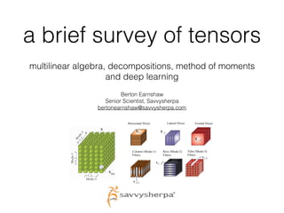 a brief survey of tensors
multilinear algebra, decompositions, method of moments
and deep learning
Berton Earnshaw
Senior Scientist, Savvysherpa
bertonearnshaw@savvysherpa.com
 